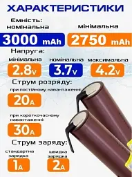 Акумулятор 18650 LiitoKala HG2-N 3000 mAh високострумовий під паяння з нікелевою стрічкою U-tags 30А, 3.7V (19305) - мініатюра 3
