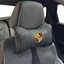 Подушка на підголівник з логотипом Porsche Екошкіра 3D Кольоровий лого Чорна-Чорний кант 1 шт