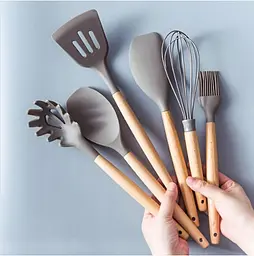 Силіконовий кухонний набір приладдя Kitchen & Dining 12 предметів (дерево+силікон) графітовий - мініатюра 9