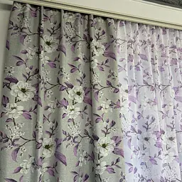 Льняні штори сірого кольору з фіолетовими квітами 150х270 з тюлистом батистовим 400х270 на тасьме ALBO pbe0052608 - мініатюра 2