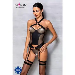 Сітчастий комплект корсет з халтером знімні підв'язки та трусики Passion Amanda CorSet black L/XL - мініатюра 3