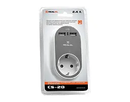 Мережевий зарядний USB-пристрій з розеткою REAL-EL CS-20, білий-сірий (EL123160002) - мініатюра 2