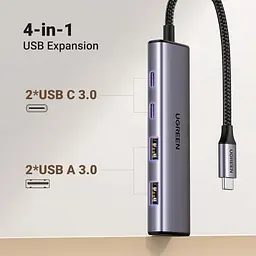 Концентратор Ugreen USB-C to 2xUSB 3.0 + 2xUSB-C CM473 gray (15395) - мініатюра 2
