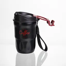 Термочашка "Coffee" 400 мл з ремінцем та відкидною кришкою-клапаном, чорний Yiwu HP-GM-17 - мініатюра 6