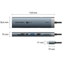 Док-станція USB3.2 Type-C --> HDMI/USB3.0/USB2.0/RJ45/SD/TF/PD 100W Hub 8-in-1 Vention - мініатюра 2