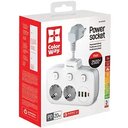 Фільтр мережевий СolorWay 0.025 м White 2xРозетки 220V 3xUSB 1xType-C 10 A до 2.5 кВт USB Auto ID QC3.0 PD (CW-CHE24PDW) - мініатюра 4