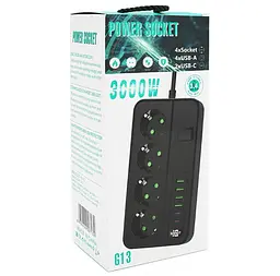 Мережевий фільтр-подовжувач Voltronic G-13, 3000 Вт, 4 розетки + 4 USB 3,2 А + 2 Type-C, 2 м, чорний - мініатюра 5