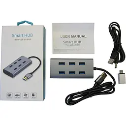 USB-Хаб Maiwo USB 3.0 Type-A / Type-C to 7х USB3.0-порта, кабель 100 см, метал, без БП, серебристий (KH700) - мініатюра 3