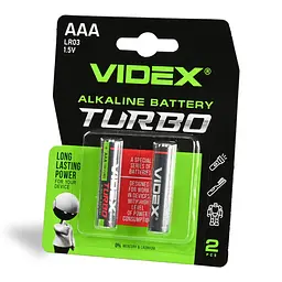 Батарейка лужна Videx LR03/AAA Turbo 2шт BLISTER VIDEX (24239-000) - мініатюра 2