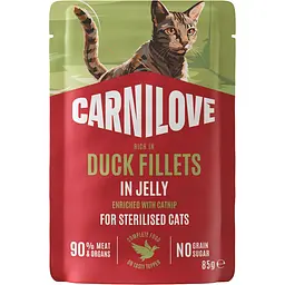 Вологий корм для стерилізованих котів Carnilove Jelly Duck with Catnip Sterilised качка і котяча м'ята в желе 85 г