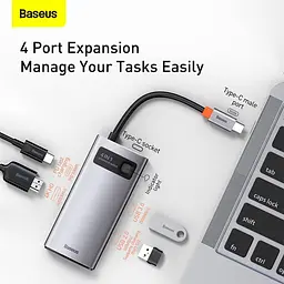 Док-станція адаптер хаб Baseus Metal Gleam Series 4-in-1 - Type-C to 2Usb HDMI Type-C (CAHub-CY0G) - мініатюра 6
