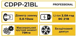 Шуруповерт професійний акумуляторний безщітковий Zegor CDPP-21BL/21В/70 Нм/дві швидкості/2 батареї 21В 2Ач/реверс/підсвічування/кейс - мініатюра 13