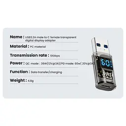 Перехідник USB 3.2 AM to USB-C F 10Gbps QC 36W PD60W with display XoKo (AC-230TCU) - мініатюра 3