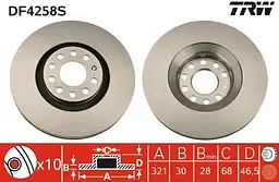 Диск гальмівний вентильований Audi A4 B7, A6 C5, A4 B6, C5, A4 B5, Seat Exeo 94-13р TRW (DF4258S)