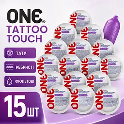 Презервативи ONE Tattoo Touch 15 ШТ, ребристі латексні з рельєфним тату-візерунком, анатомічна форма, фіолетові, змащені