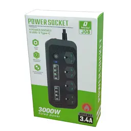 Мережевий фільтр подовжувач 2 метри на 3 розетки, 6 USB 3.4A, 2 Type-C з вимикачем та заземленням 3000Вт 16А Power Socket J08 білий - мініатюра 5