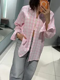 Сорочка жіноча в клітку з котону 20908 S-XL ніжно-рожева
