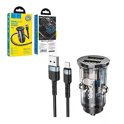 Адаптер автомобільний HOCO DZ3 2 USB car charger + кабель Lightning прозоро чорний - мініатюра 2