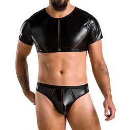 Комплект чоловічої білизни під латекс Passion 057 SET PETER S/M Black, кроп-топ, стринги - мініатюра 1