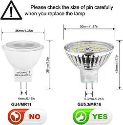 Wowatt 6 W GU5.3 Світлодіодна лампочка Нейтральний білий 4000K MR16 12V Галогенний еквівалент 40W Прожектор GU5.3 LED 480LM - мініатюра 2