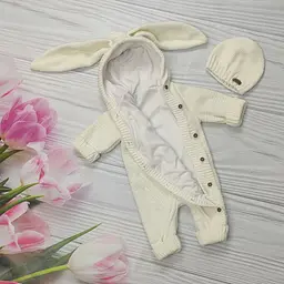 Теплий в'язаний комбінезон для новонародженого з шапочкою "Зайчик" зріст 56 - 62 см (0 - 3 місяці) ElLiz Молочний