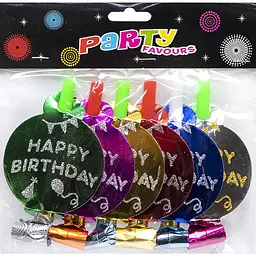 Набір карнавальних фольгованих свистків з кругом Happy Birthday кольорові, 6 шт., 1698-10