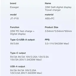 Зарядний пристрій Essager GaN III PD USB-C USB-A з дисплеєм 33W - мініатюра 9