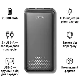 Зовнішній акумулятор XO PB313 Light display mobile power 20000 маг чорний - мініатюра 3