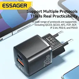 Зарядний пристрій Essager Camber 20W GaN Travel Phone Charger USB A + Type C EU Black (ECTAC-HMB01-P) - мініатюра 5