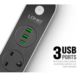 Мережевий фільтр LDNIO SC3301 подовжувач 1.6 м 3 розетки 3 USB сіро-чорний - мініатюра 6