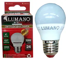 Лампа LED ДШ 10W E27 3000K 900Lm шарик TM LUMANO