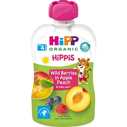 Органічне фруктове пюре HiPP HiPPiS Pouch Яблуко-персик-чорниця-малина 100 г