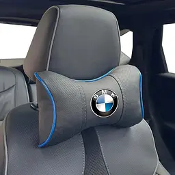 Подушка на підголівник з логотипом BMW Екошкіра 3D Кольоровий лого Чорний синій кант 1 шт