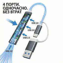 Алюмінієвий USB-хаб 4 порти 1×USB 3.0 + 3×USB 2.0 з підключенням Type-A і Type-C (графітовий) - мініатюра 6