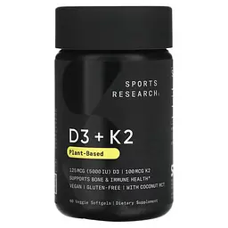 Витамин D3 + K-2 D3+K2 Plant Based 5000 IU/100 mcg 60 жидких капсул Sports Research vit0006373