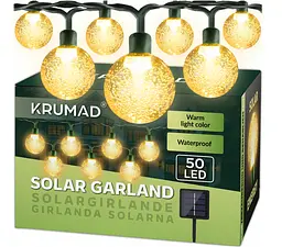 Гірлянда сонячна садова 50 LED, IP65, 7м, теплий світло, водостійка для саду, балкону, тераси