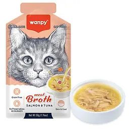 Беззерновий рідкий корм для котів Wanpy Salmon&Tuna ВАНПІ СУП З ЛОСОСЕМ І ТУНЦЕМ, пауч 50 г