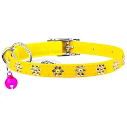 Нашийник для котів Waudog Glamour Квіточка, шкіряний, з еластичною вставкою, зі стразами, 22-30х0,9 см, жовтий