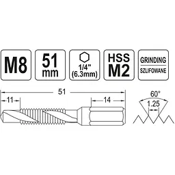 Свердло-мітчик Yato М8х1.25 мм HSS М2 HEX-1/4 l=51/11 мм (YT-44845) - мініатюра 4