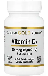 Вітамін D3 50 мкг (2000 МО) California Gold Nutrition 90 капсул - мініатюра 1