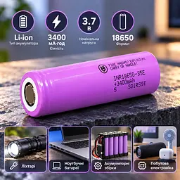 Акумулятор Samsung INR18650-35E 3400 мА·год Li-ion 3.7 В 18650 без захисту струм розряду 8 А до 13 А 2026 РІК - мініатюра 4