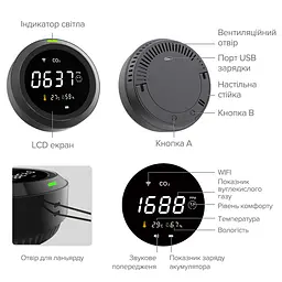 Термогігрометр з датчиком вимірювання CO2 з WiFi No Brand PTH-8 (PTH-8-12) - мініатюра 7