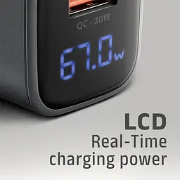 Мережевий зарядний пристрій з дисплеєм AXAGON ACU-PQ67D, 2x port (USB + USB-C), PD3.0/QC4+/PPS/Apple, 67W, сірий - мініатюра 7