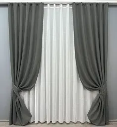 Комплект штор з тюлем VR-Textil Льон Мішковина, сірий з білим, 2 штори 100×270 см + тюль 300×270 см, арт. 71-027/1