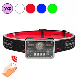 Ліхтар налобний акумуляторний M-006 XPG+8SMD+4SMD із сенсорним керуванням червоний синій зелений білий ультрафіолет - мініатюра 2