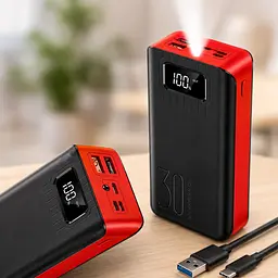 Портативний павербанк 30000 mAh / Зарядний пристрій 5 портів 2xUSB Type-C Lightning Micro-USB / Павербанк для телефону з ліхтариком - мініатюра 3