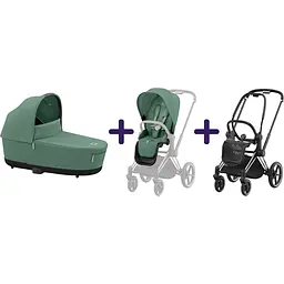 Люлька Cybex Priam Lux Leaf Green + Текстиль для прогулянкового блоку Cybex Priam Leaf Green + Шасі Cybex Priam з каркасом LS RBA Chrome Black