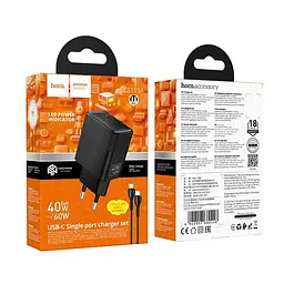 Адаптер мережевий HOCO C to C cable Lounge single port PD40W charger set CS113A 1C, PD/QC, 45W/3A - мініатюра 2