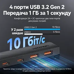 USB-хаб Vention USB 3.2 Gen 2 штекер USB-A к хосту 2 USB-A и 2 USB-C для данных все 4 порта работают одновременно до 10 Гбит/с при поддержке хостом и периферией телефон как хост требует OTG и соответствующего OTG-переходника Windows Linux macOS Android iOS iPadOS без драйверов отдельный вход USB-C 5 В 2 А только для питания хаба без данных LED-индикатор защита от перегрузки короткого замыкания и обратного тока встроенный кабель 0,15 м чёрный (CHSBB) - миниатюра 2