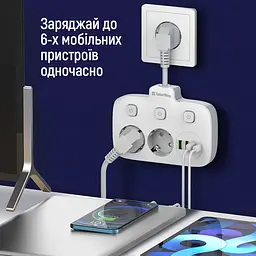 Мережевий фільтр-адаптер ColorWay CHE-24-PDW 20W, 2x220V, 3xUSB-A, 1xUSB-C - мініатюра 5